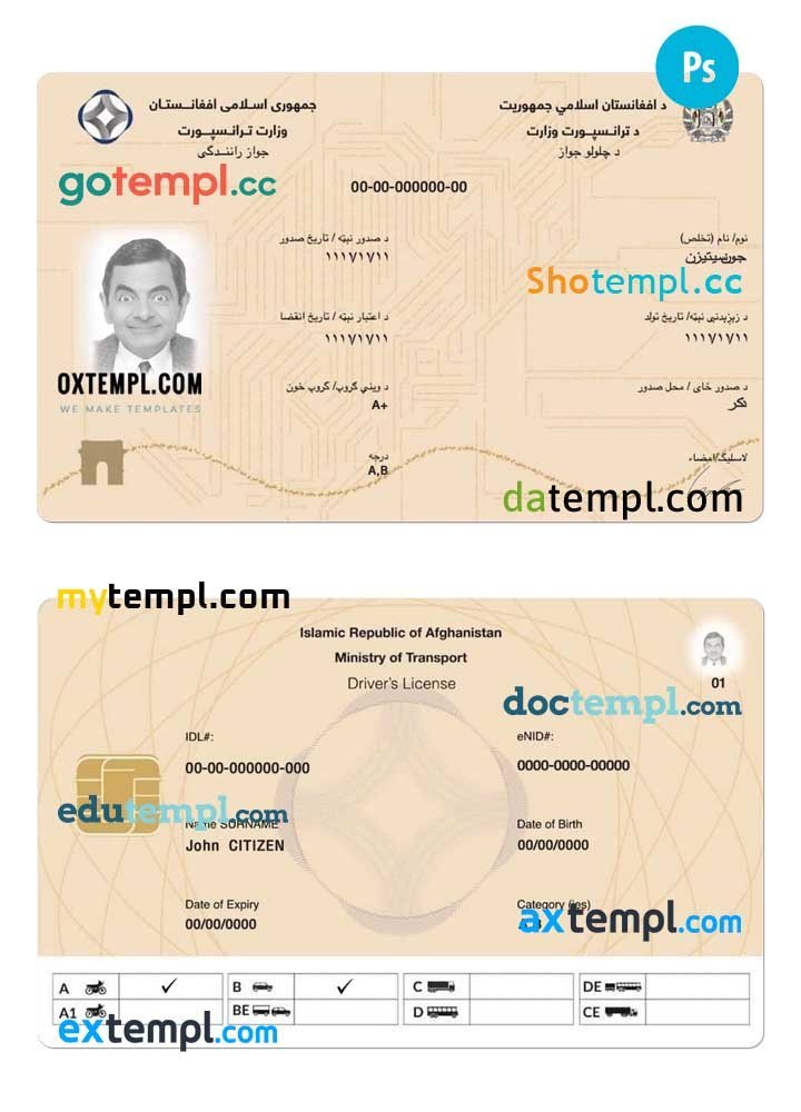 Editable Afghanistan driver ID mockup layers for Photoshop customization