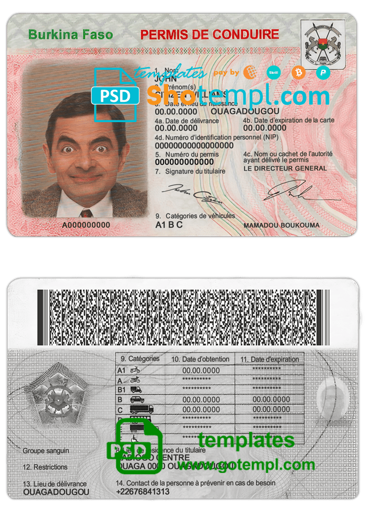 Editable Burkinabé DL template in Photoshop