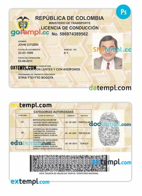 Colombia driver license PSD editable