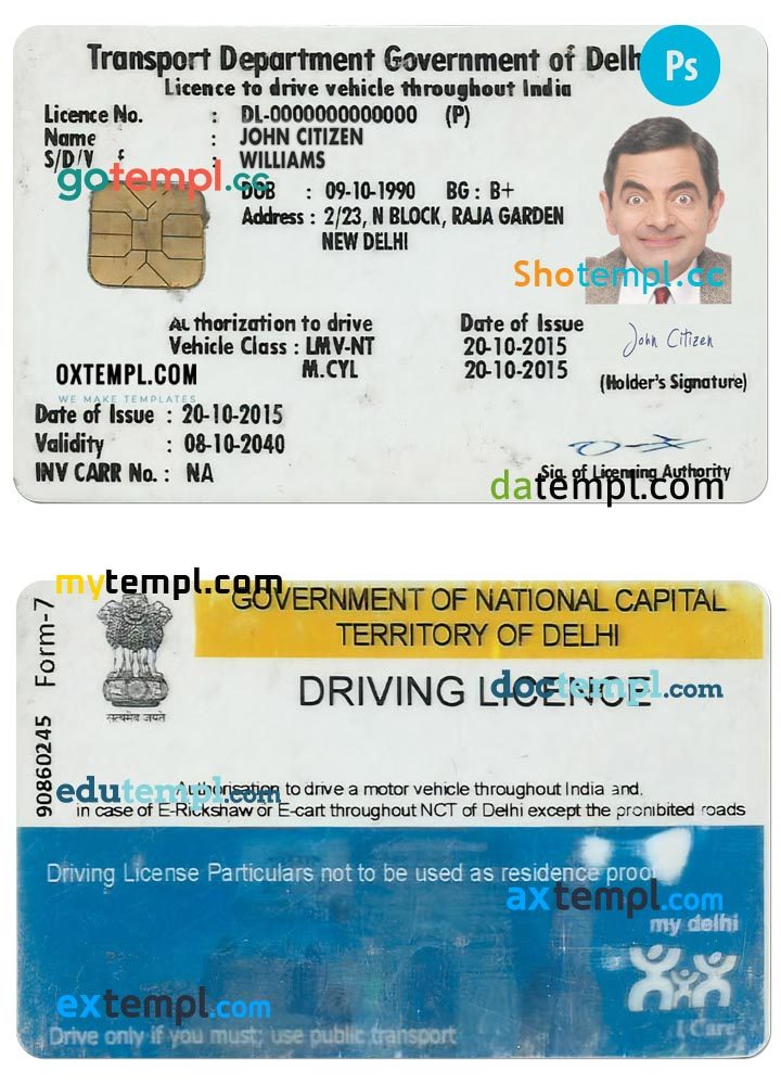 India Delhi license template – editable