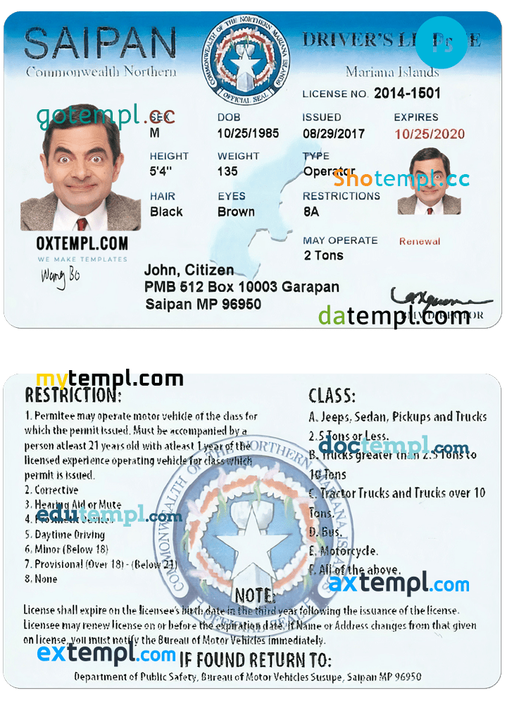 Northern Mariana Islands Saipan Driver License PSD Template