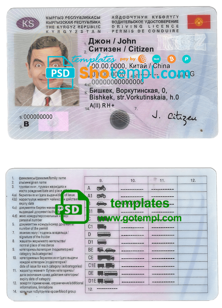 Kirghiz driver license PSD template - fully editable