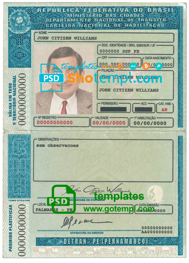 Editable Pernambuco driver license PSD