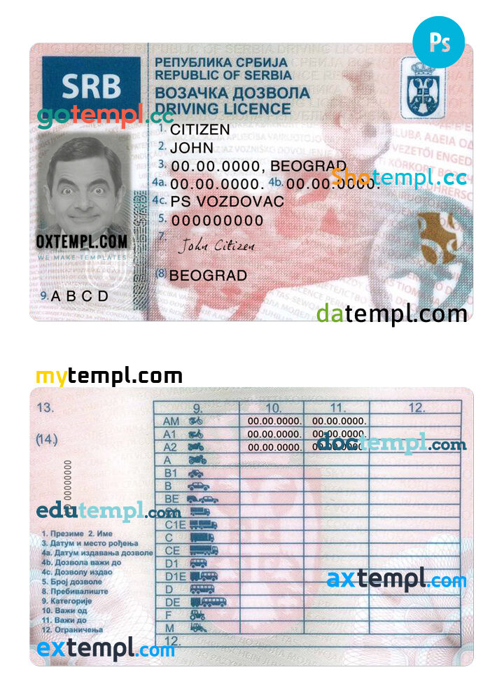 Front view of Serbian driver license editable PSD