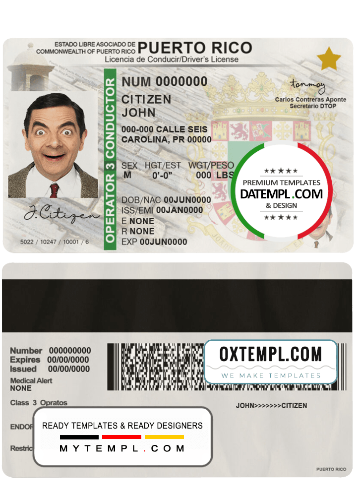 Front view of Puerto Rican driver license editable PSD